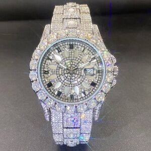 Crystal-Studded Silver Tone Wristwatch with Date Window